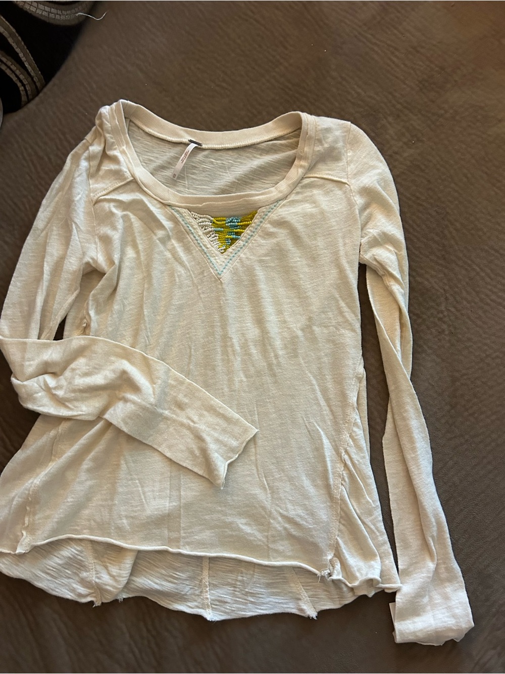 Free People Cream Long Sleeve Scoop Neck Top with Embroidered V-Detail